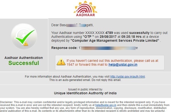 Aadhaar link to Mutual Fund Success confirmation