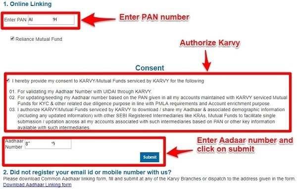 Link Aadhaar to Mutual Funds folios online Karvy 2