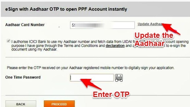 PPF Account ICICI Bank Aadhaar OTP