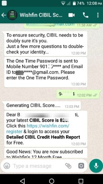 check free CIBIL Credit Score on WhatsApp online