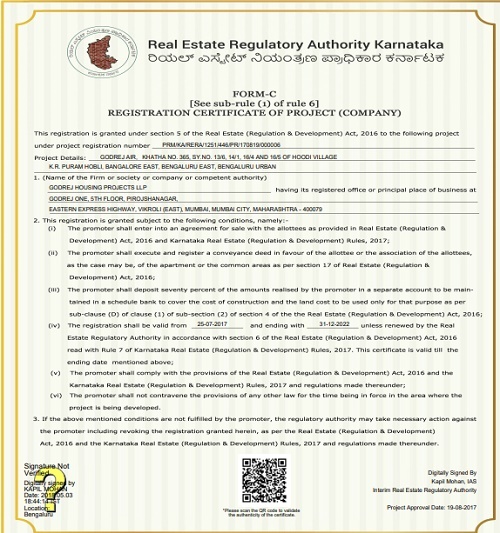 Karnataka RERA Registration Certificate